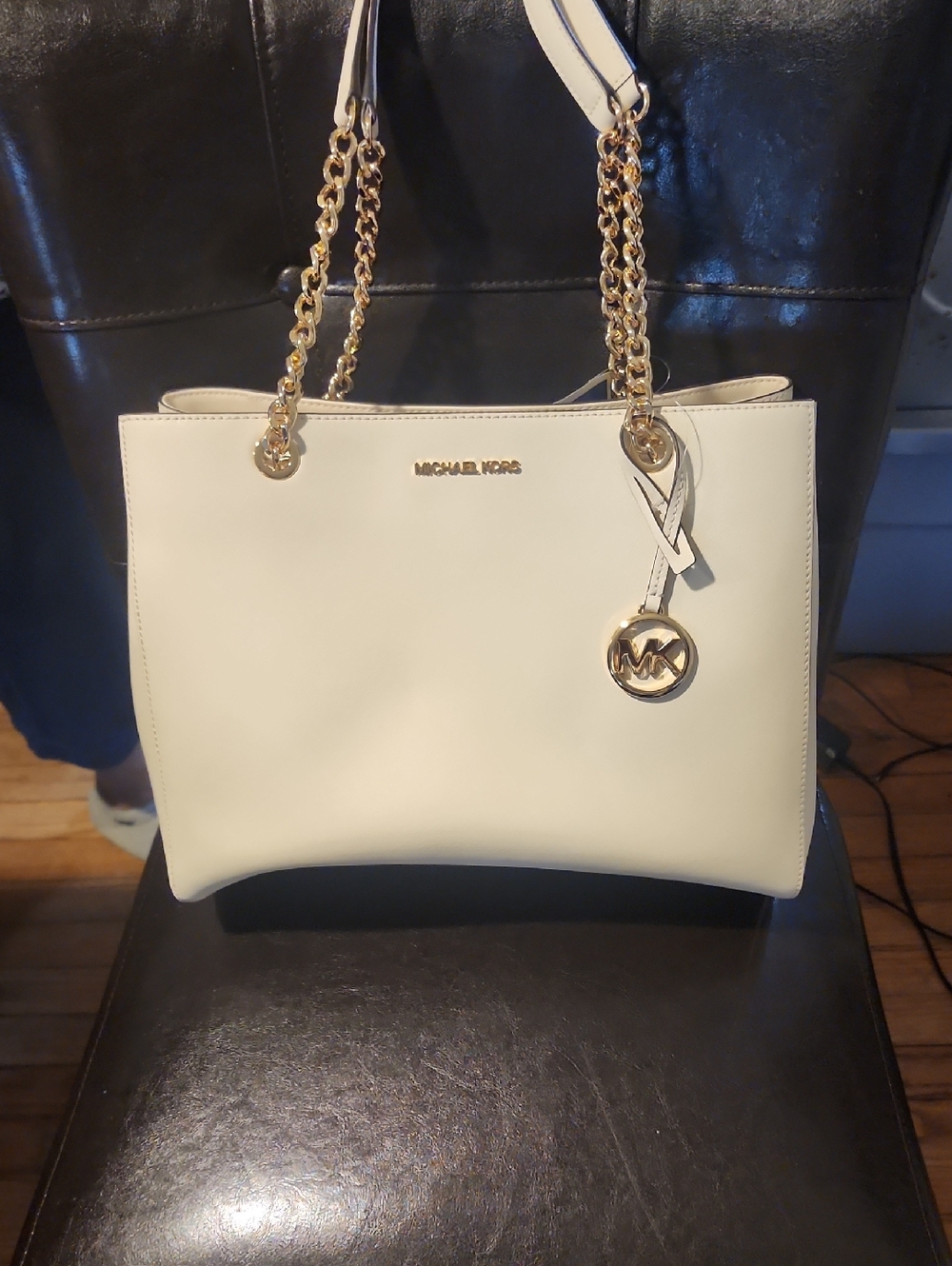 Michael Kors Cream Leather Tote with Gold Chain Straps